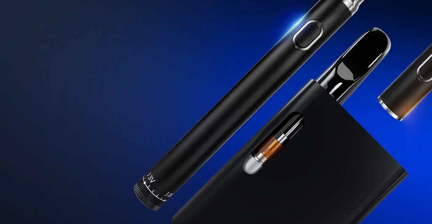 Variable-voltage 510 thread vape pen battery beside a palm-style cartridge battery
