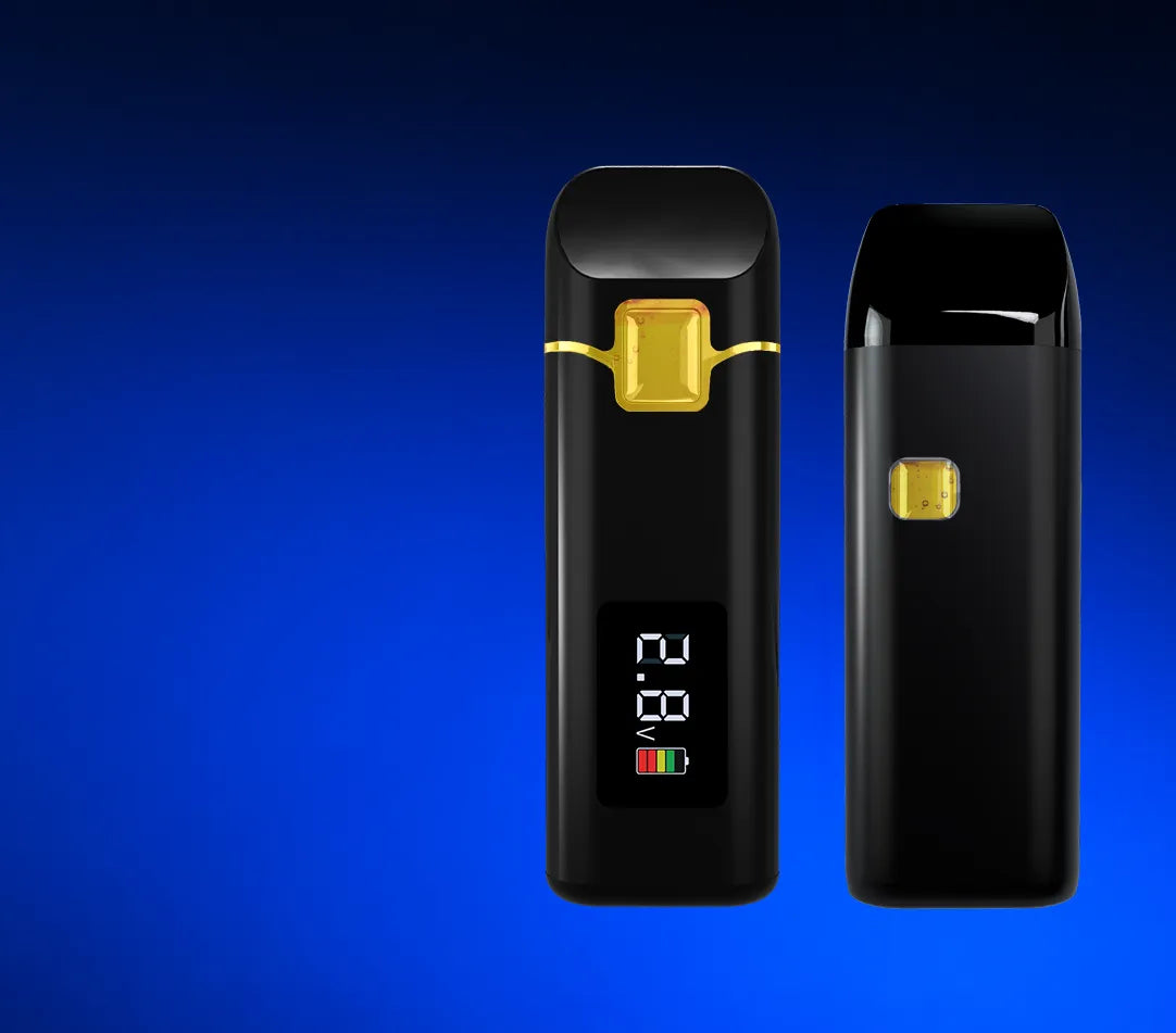 Two black empty all-in-one disposable vape pens with oil viewing windows